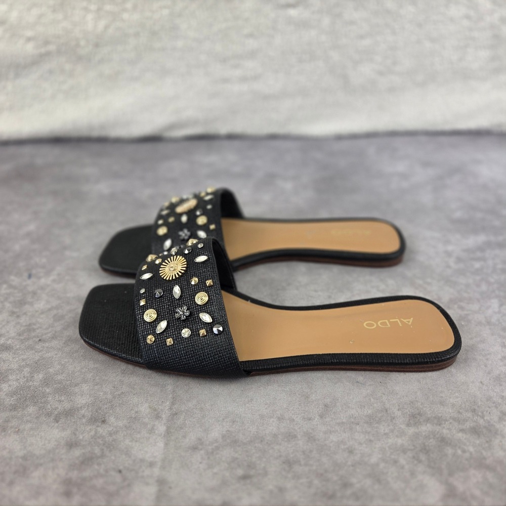 Aldo Womens Black Embellished Studded Square Toe Flat Slide Sandals Size 9
